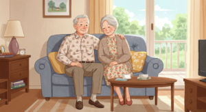 イラスト風の安心して自宅に住んでいる70代老夫婦