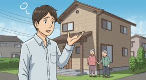 70代老夫婦が住む窯業系サイディングの外壁の実家を違う地域に住み、家の中で心配する30代日本人
男性